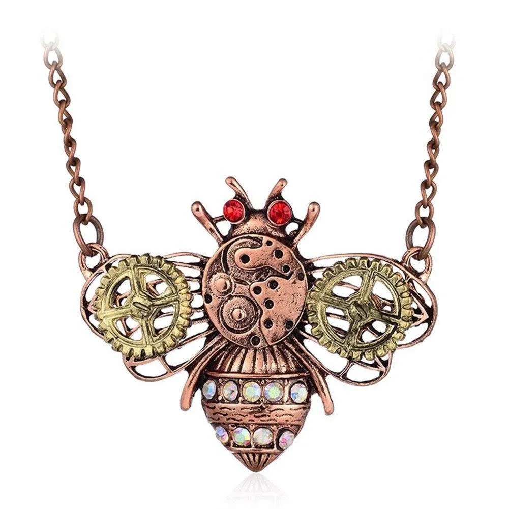 AILUOR Steampunk Gear Pendant Necklace, Punk Vintage Gothic Love Heart Owl Butterfly Bee Insect Chain Sweater Pendant Necklace Jewelry for Women