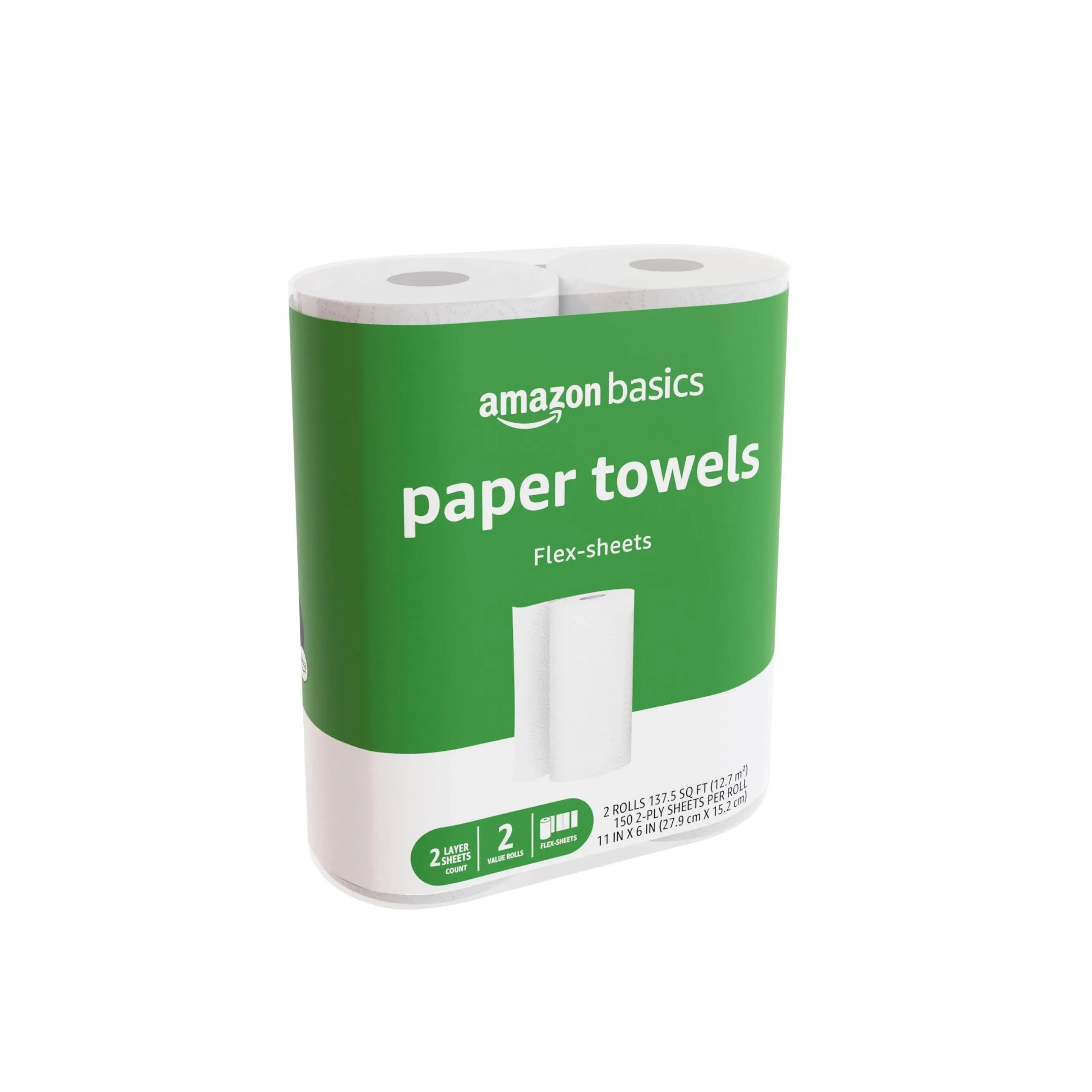 Amazon Basics 2-Ply Paper Towels, Flex-Sheets, 2 Rolls, White