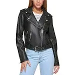 LEVI&#039;S WOMEN&#039;S FAUX LEATHER BELTED MOTORCYCLE JACKET - SIZE LARGE - BLACK