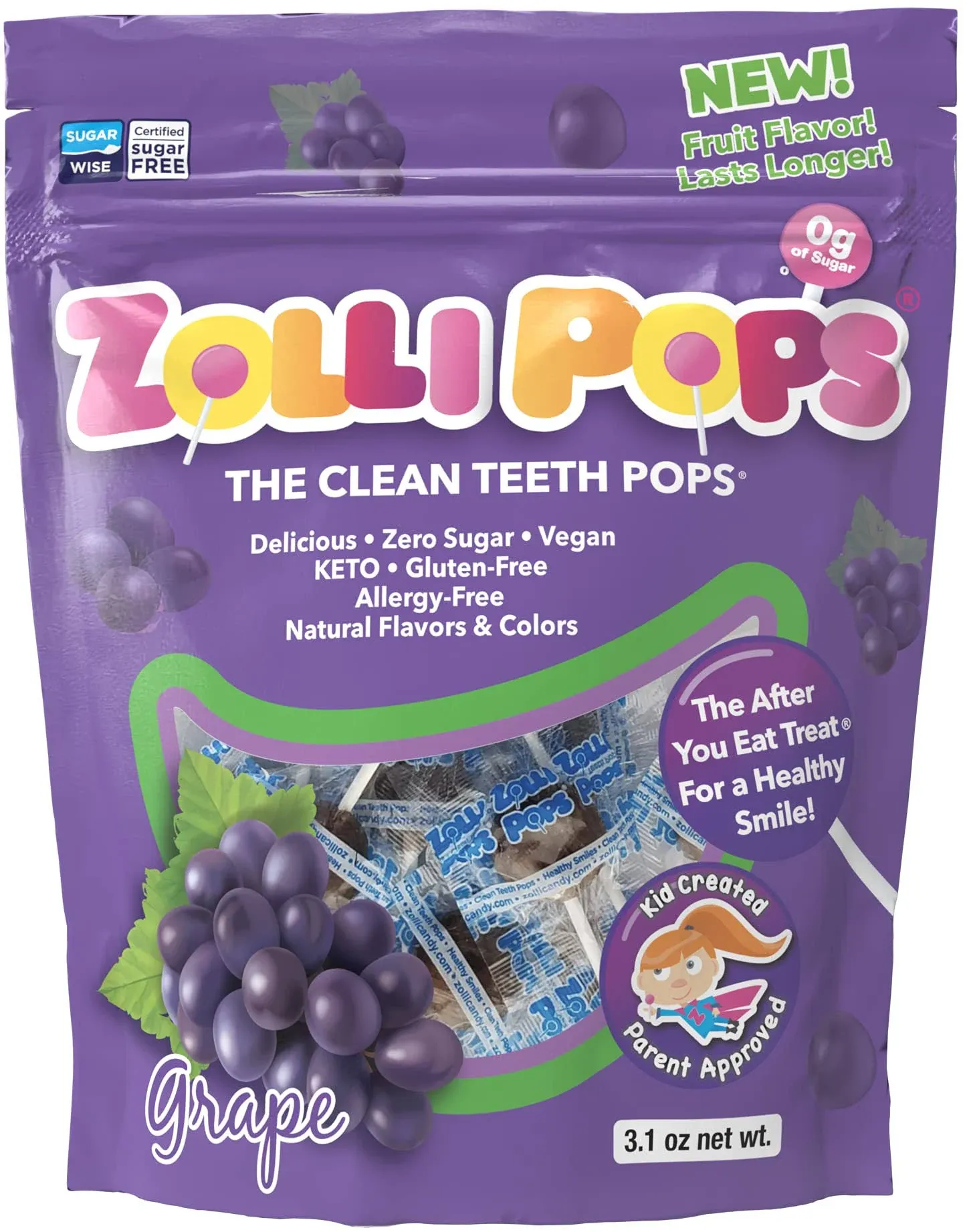 Zollipops The Clean Teeth Pops, Anti Cavity Lollipops, GRAPE, 15 Count