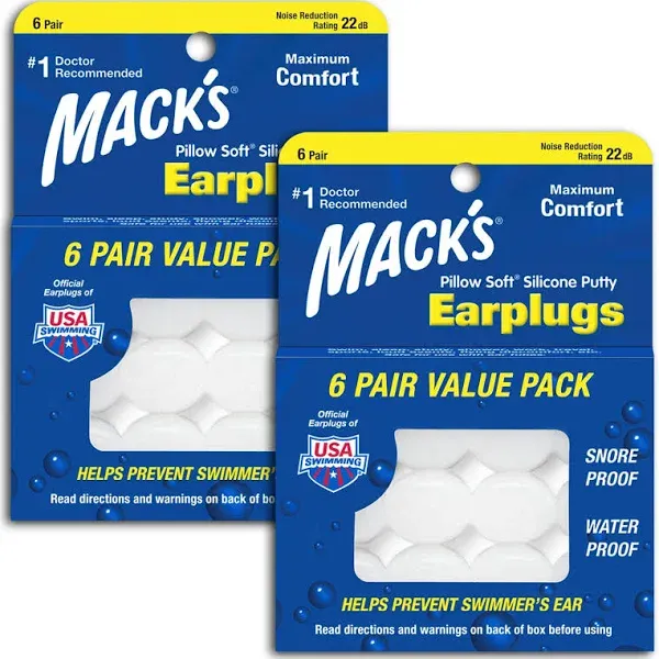 Mack's Pillow Soft Silicone Earplugs, 12 Pair - The Original Moldable Silicone Putty Ear Plugs for Sleeping, Snoring, Swimming, Travel, Concerts and Studying