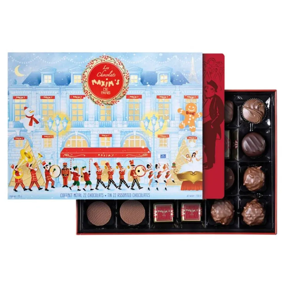 "Maxim's de Paris, Christmas 2023 Assortment Box of 22 French Chocolates in Tin"