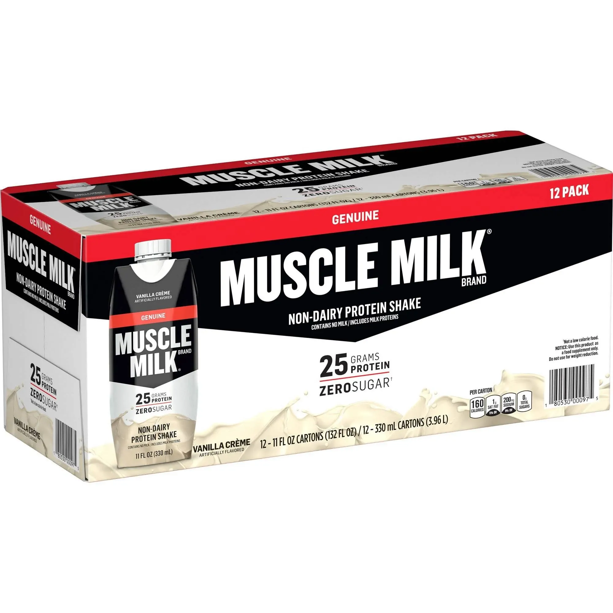 Muscle Milk Genuine Protein Shake, Chocolate, 14 Fl Oz Bottle, 12 Pack, 25g Protein, Zero Sugar, Calcium, Vitamins A, C & D, 6g Fiber, Energizing Snack, Workout Recovery, Packaging May Vary