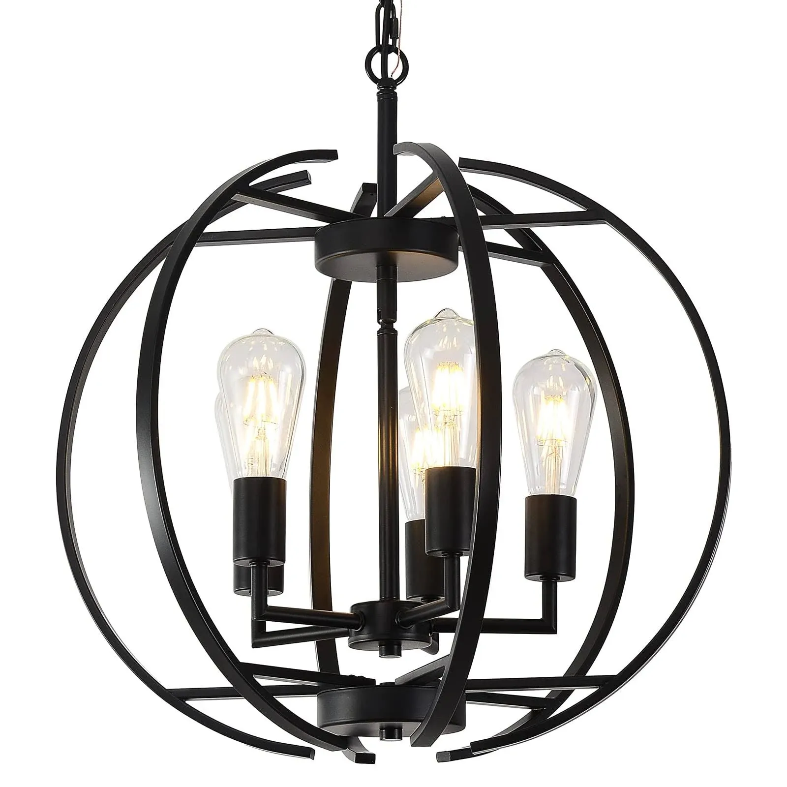 Large Lantern Globe Black Chandelier Lighting, Adjustable Hanging Ceiling Pendant 5 Light for Kitchen, Dining Room, Living Room, Hallway, Bedroom