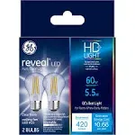 Ge Reveal Light Bulbs, LED, HD+, Clear Finish, 5 Watts - 2 light bulbs