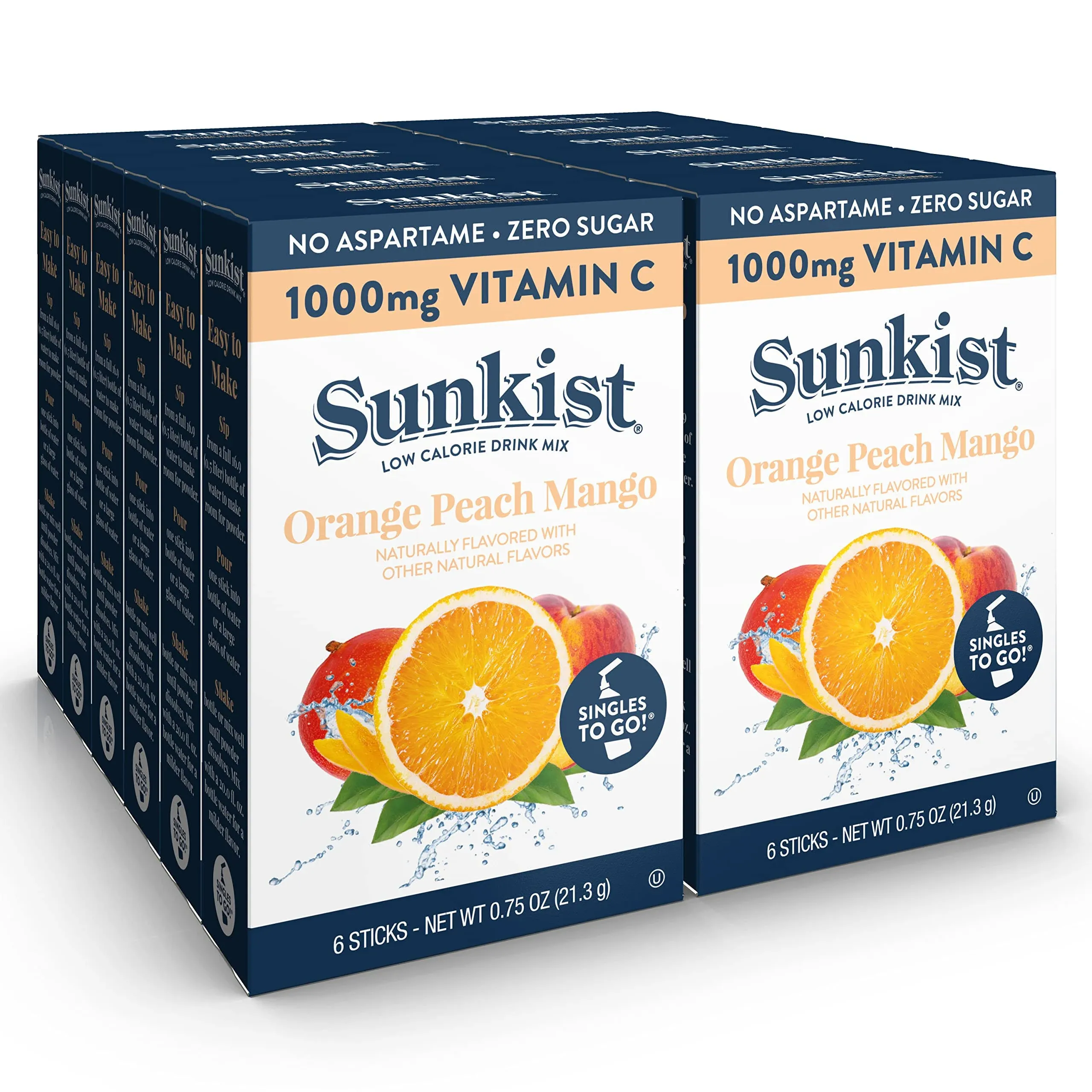 Sunkist Singles To Go Drink Mix Packets, Orange Peach Mango, 6-Count per Box – Powdered Drink Packets with 1000mg Of Vitamin C per Serving, Refreshing Low Calorie, Zero Sugar Water Enhancers, , 72 Total Powder Sticks