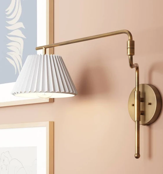 Nathan James Kai Modern Wall Mounted Plugin Bedside Reading Lamp with Pleated Shade, Vintaged Brass Finish