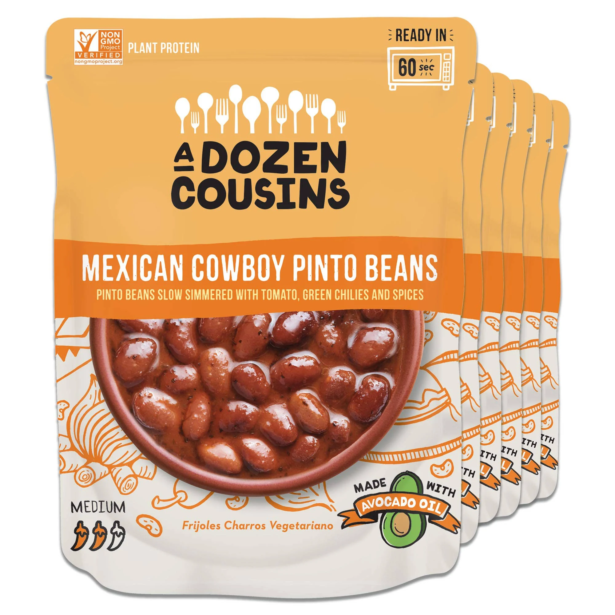 A Dozen Cousins Seasoned Pinto Beans, Vegan and Non-GMO Meals, Microwaveable Beans Ready to Eat Made with Avocado Oil (Mexican Pinto Beans, 6-Pack)