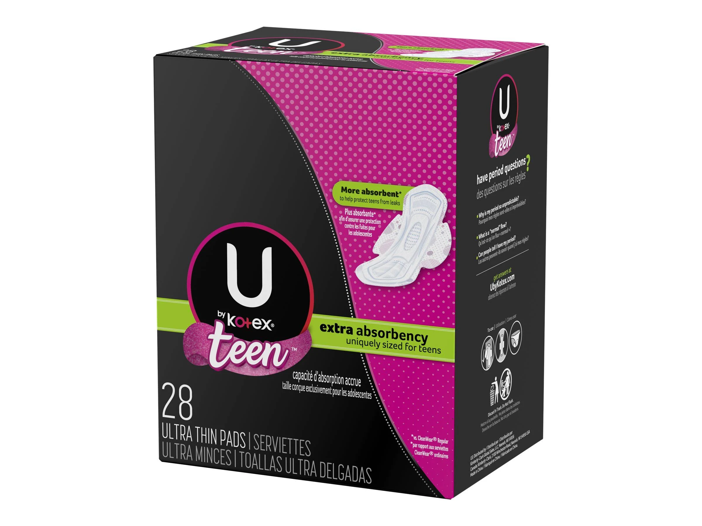 U by Kotex Teen Extra Absorbency Ultra Thin Pads with Wings 28 Count