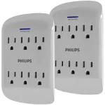 Philips 6-Outlet Extender Surge Protector, 900 Joules, 3-Prong, Space Saving Design, Protection Indicator LED Light, 2 Pack, Grey, Spp3466Gr37