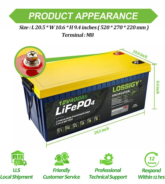 LOSSIGY 12V 400AH Lifepo4 Deep Cycle Lithium Battery, Built in 250A BMS, 10 Yrs Lifespan, Prefect for Solar System, RV, Best for Replacement Your Olds.