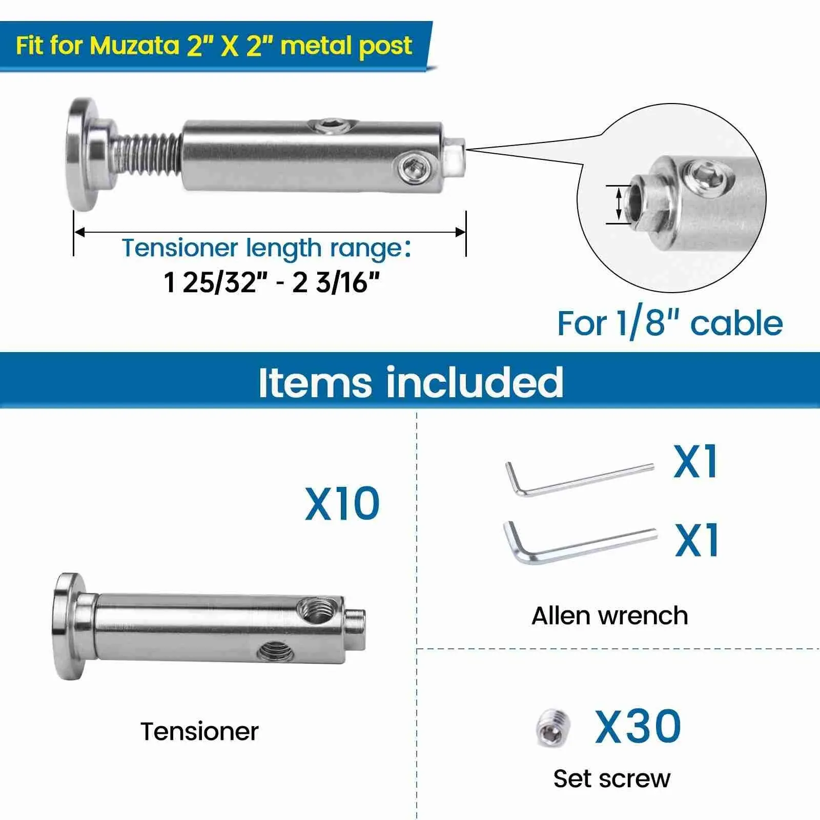 Muzata 1/8" Invisible Swageless Cable Railing Tensioner CB04