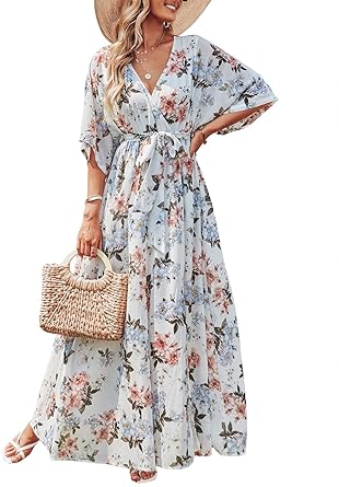 ANRABESS Women’s Summer Loose Boho Flowy Wrap V Neck 3/4 Sleeve Floral Print Slit Beach Wedding Guest Long Maxi Dresses 2024