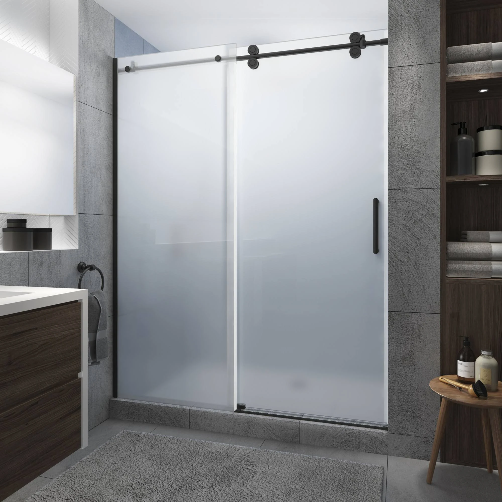 Aston SDR978FRUW.UC-MB-6080 Langham XL 56 - 60" W x 80" H Sliding Frameless Shower Door with Frosted Glass Finish: Matte Black