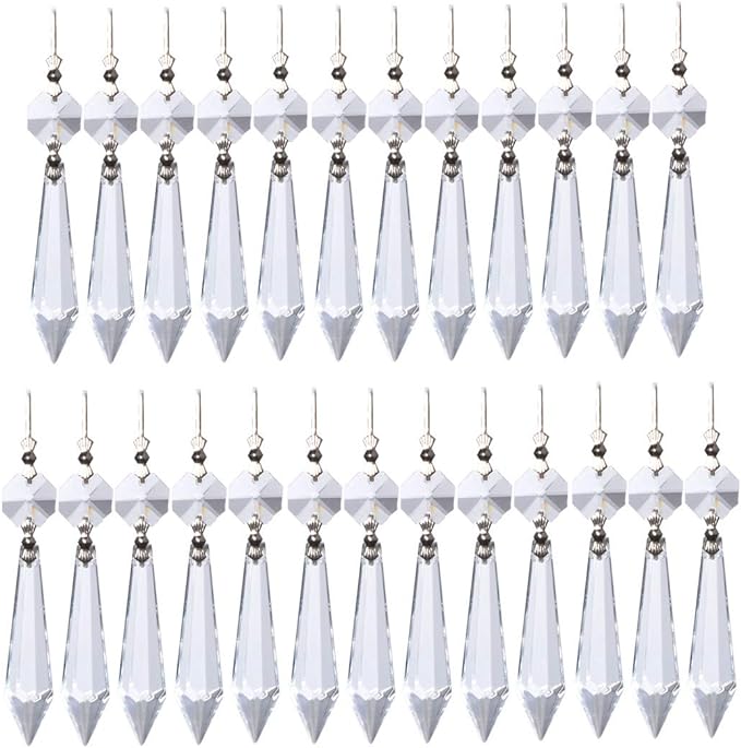 Waltz&F 25pcs Clear Crystal Chandelier Icicle Prisms Lamp Candelabra Replacement Parts with Octagon Beads,DIY Crystal Curtain Pendants,55mm