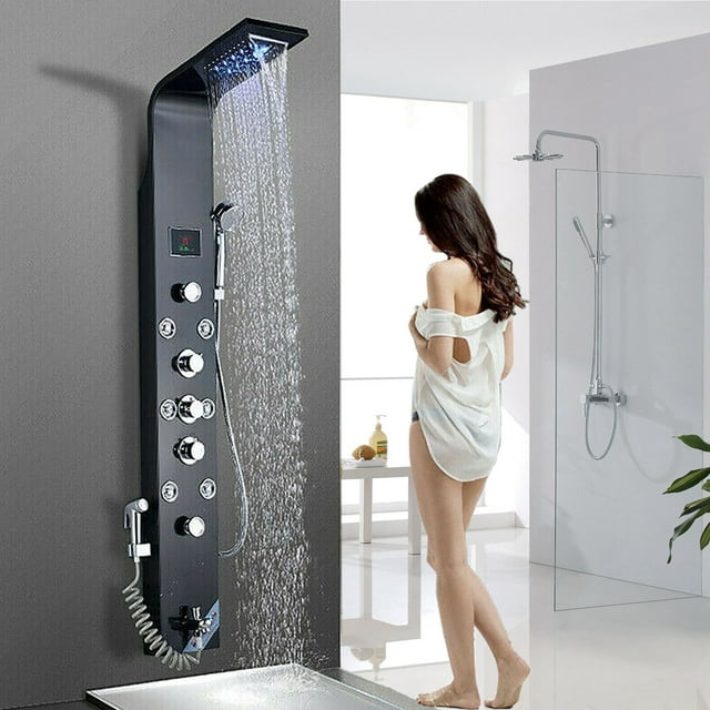 Black Shower Panel Tower System LED Rainfall&amp;Water<wbr/>fall Massage Body Jets Sprayer