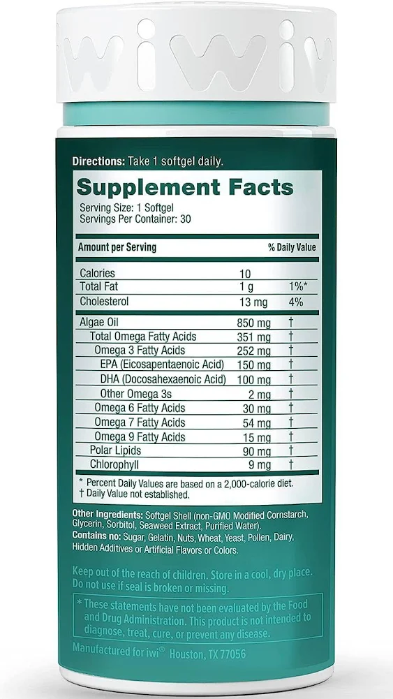 IWI Omega-3, 60 Softgels (60 Servings), Vegan Plant-Based Algae Omega 3 with EPA + DHA, Whole-body Support Dietary Supplement, Krill & Fish Oil