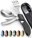 Orblue 4-in-1 Camping Utensils, 2-Pack, Portable Stainless Steel Spoon, Fork, Knife & Bottle Opener Combo Set - Travel, Backpacking Cutlery Multitool, Black