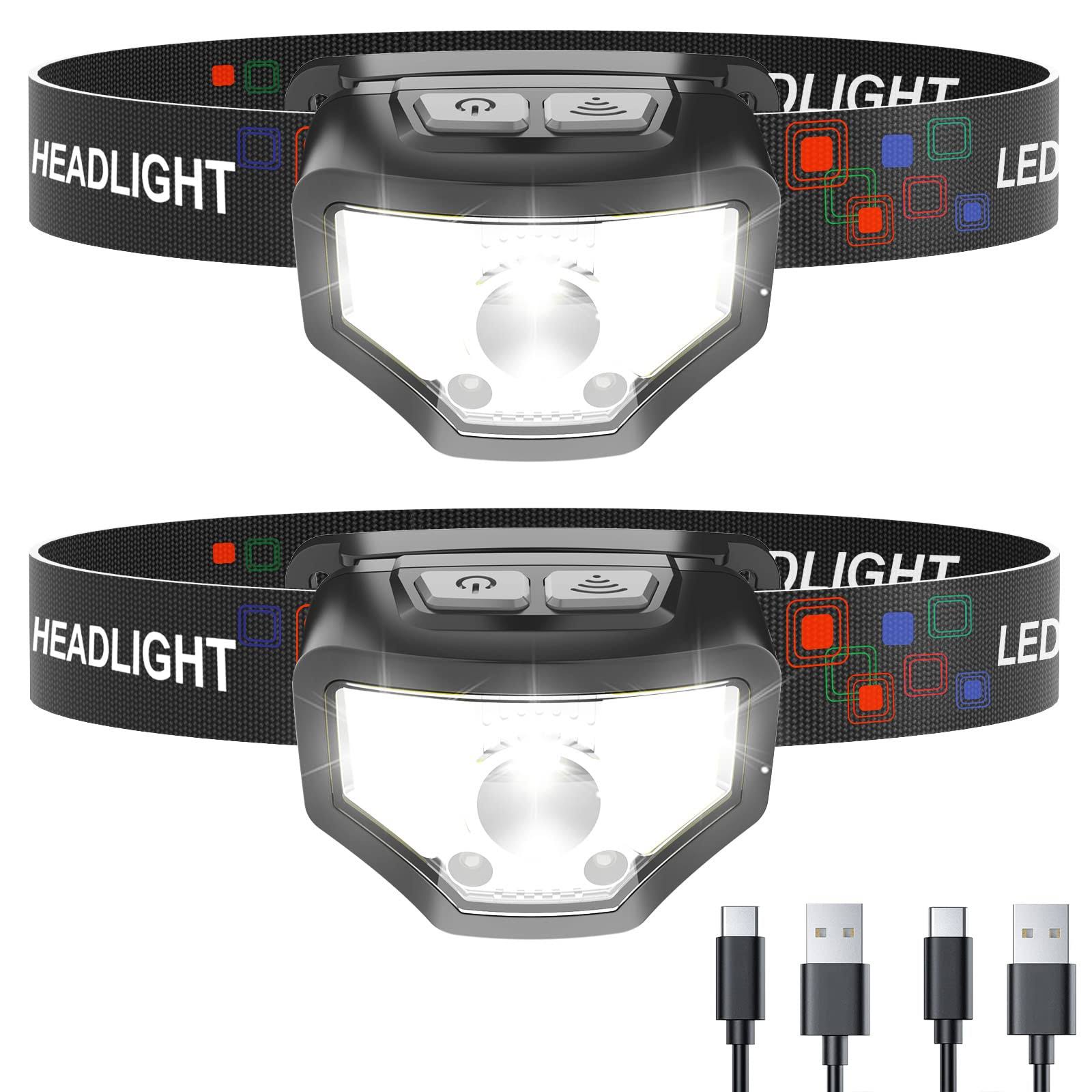 Curtsod Headlamp Rechargeable, 2-Pack 1200 Lumen Super Bright with White Red LED Head Lamp Flashlight, 12 Modes, Motion Sensor, Waterproof, Outdoor