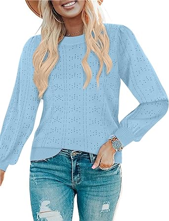 Cucuchy Womens Puff Long Sleeve Sweaters Tops Soft Crew Neck Knit Pullover Shirt