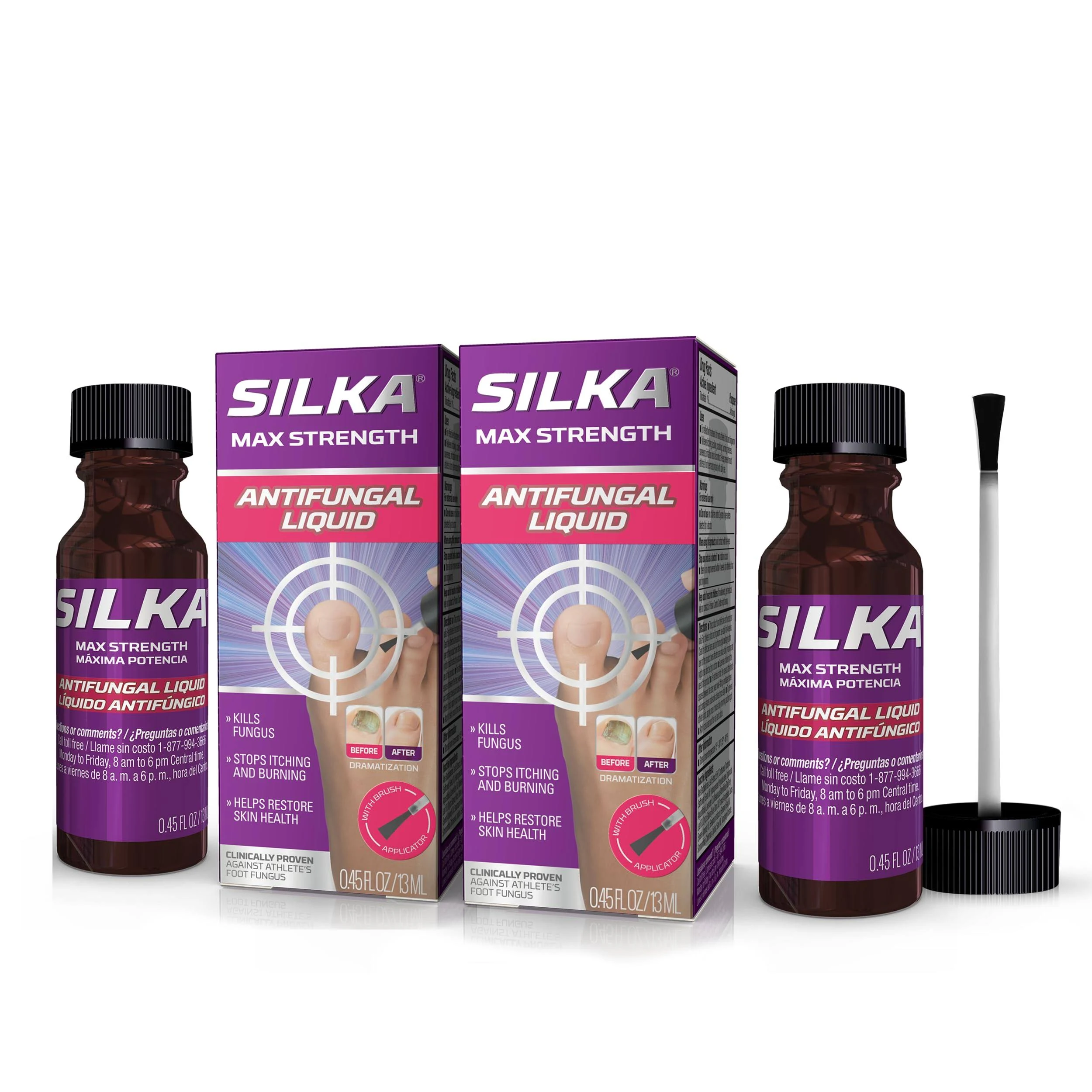 SILKA Max Strength Antifungal Liquid for Toenail Health, With Brush Applicator, Treats Fungus, Ringworm & Athlete’s Foot, Restores Appearance of Discolored Nail, Tolnaftate 1%, 0.45 Fl Oz, Pack of 2