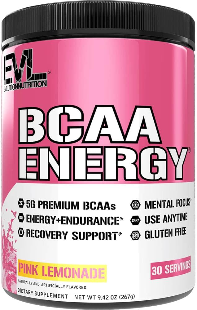 EVL BCAAs Amino Acids Powder - BCAA Energy Pre Workout Powder for Muscle Recovery Lean Growth and Endurance - Rehydrating Post Workout Recovery Drink with Natural Caffeine - Pink Lemonade