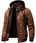 FLAVOR Men Brown Leather Motorcycle Jacket with Removable Hood