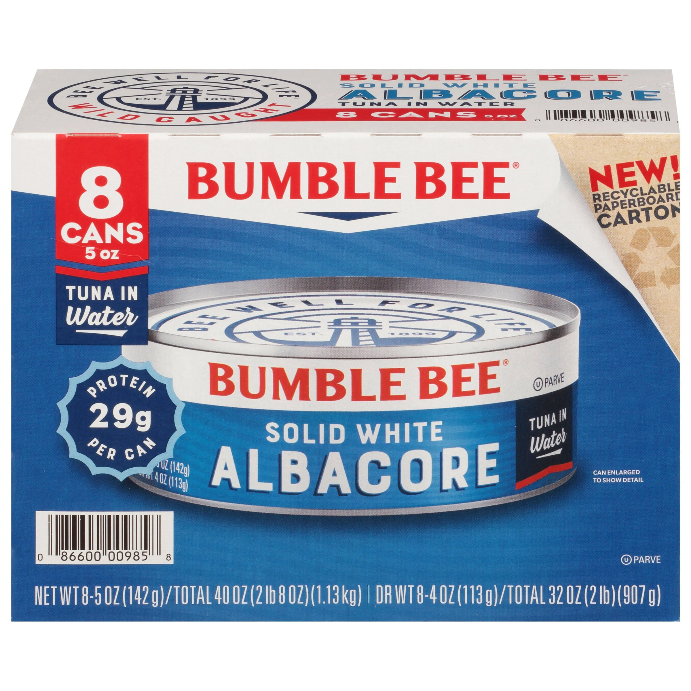 Bumble Bee Solid White Albacore Tuna in Water, 5 oz Can, 8/Pack