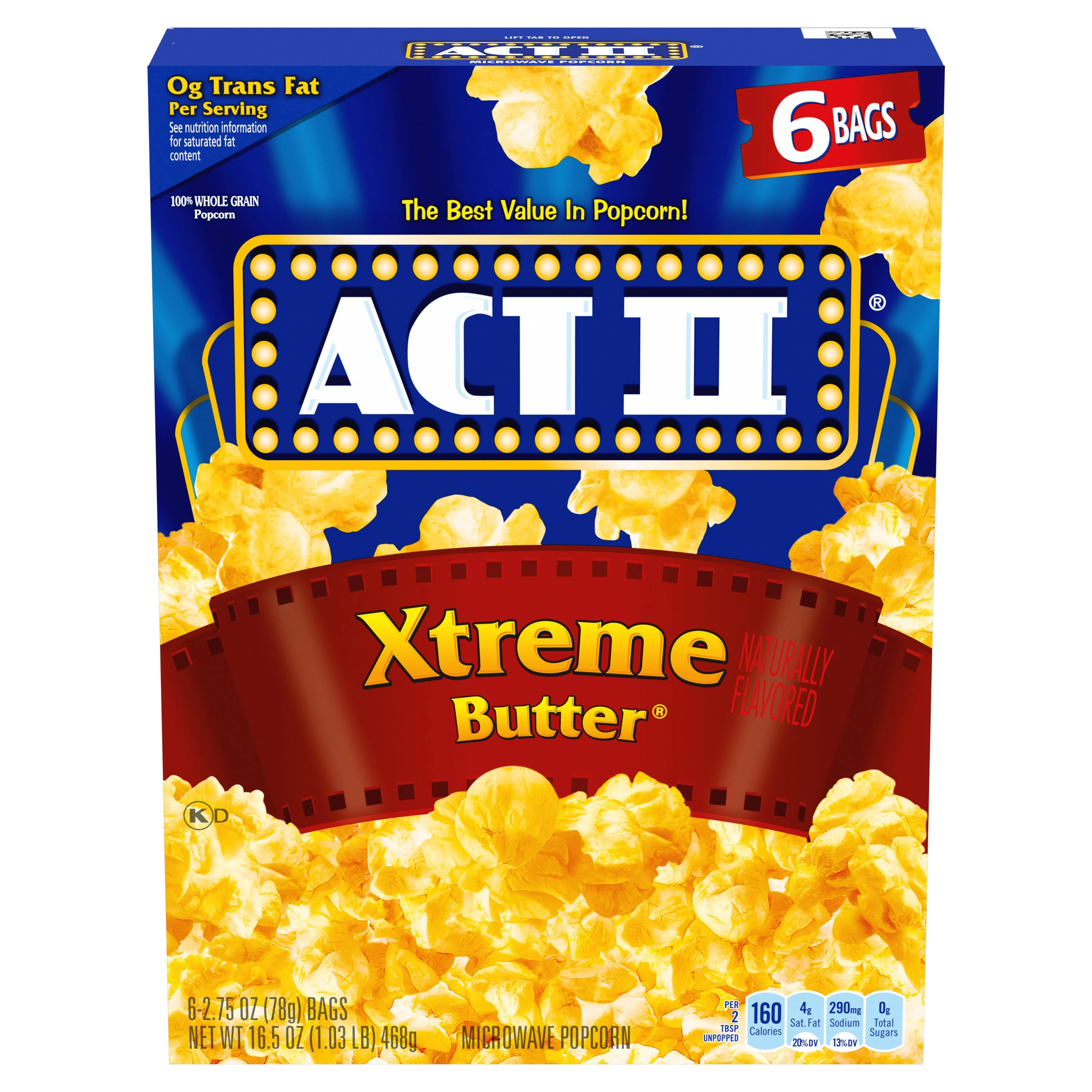 Act Ii Microwave Popcorn, Xtreme Butter - 6 pack, 2.75 oz bags