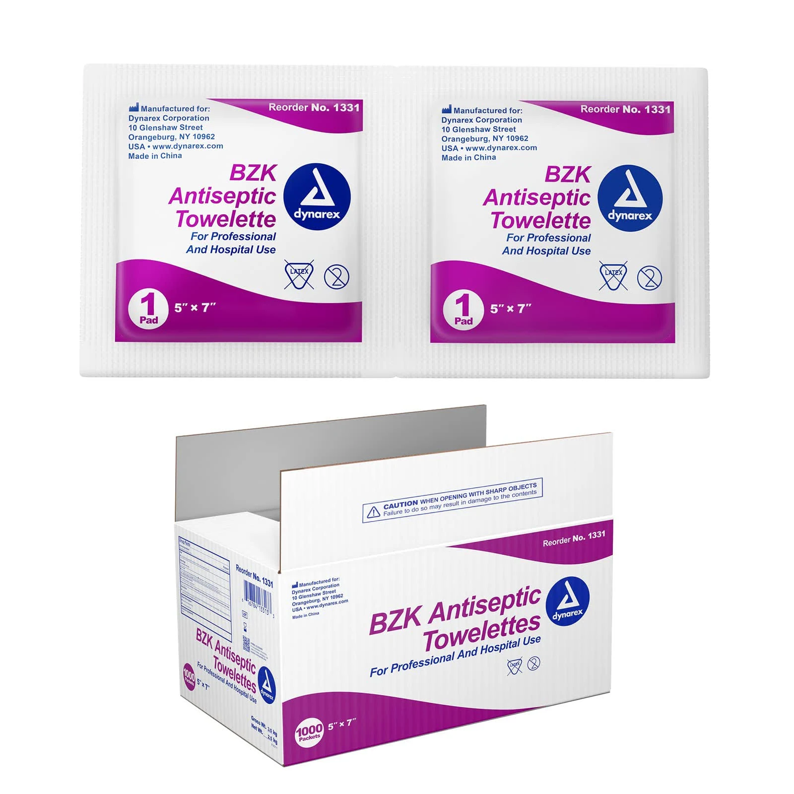 Dynarex BZK Antiseptic Towelettes - 5 x 7in, 1000/Case