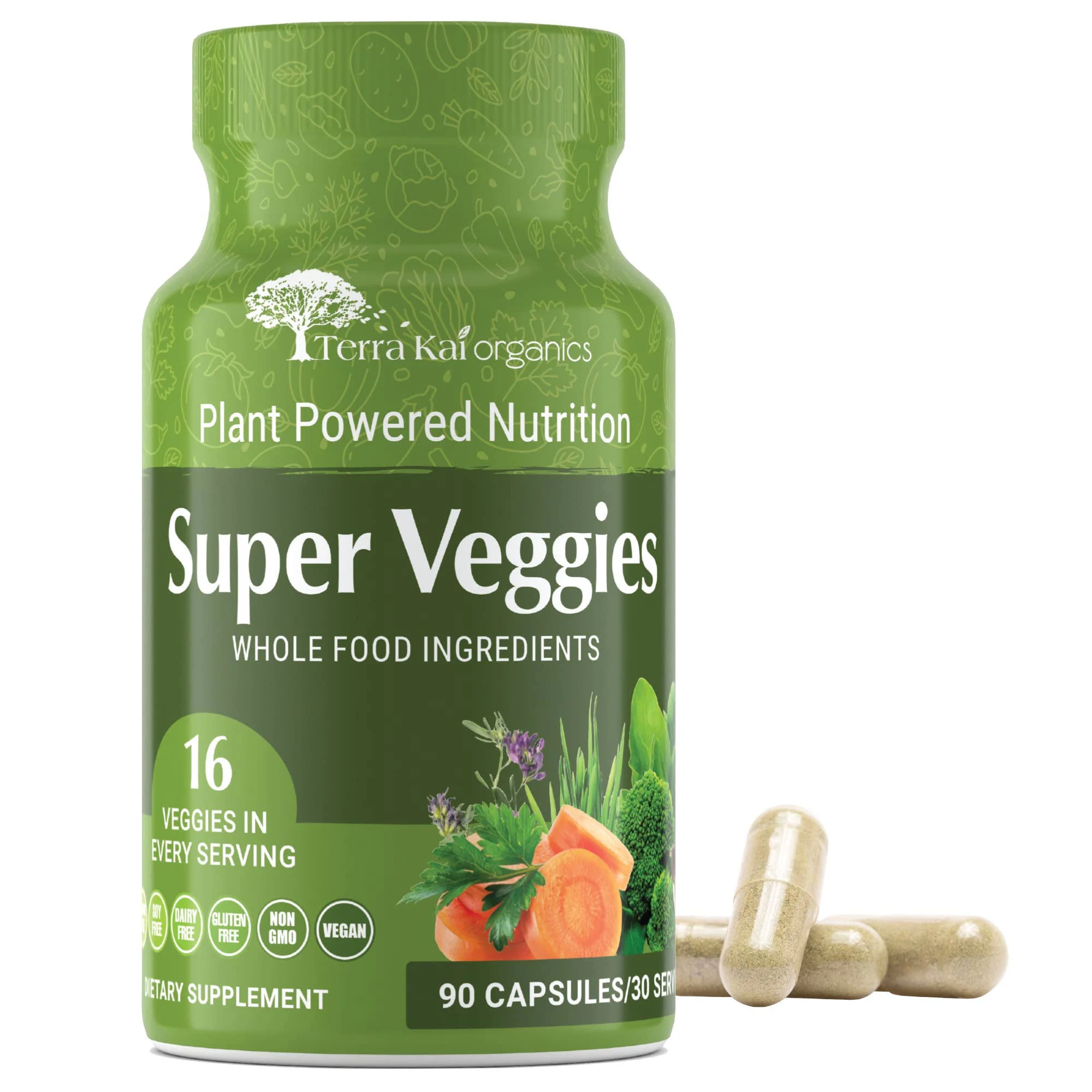 Organic Super Veggies Supplement Gluten/Gelatin Free, Non GMO, Soy Free & Vegan | Green Superfood Capsules | 16 Vegetables (90 Count) (Veggies)