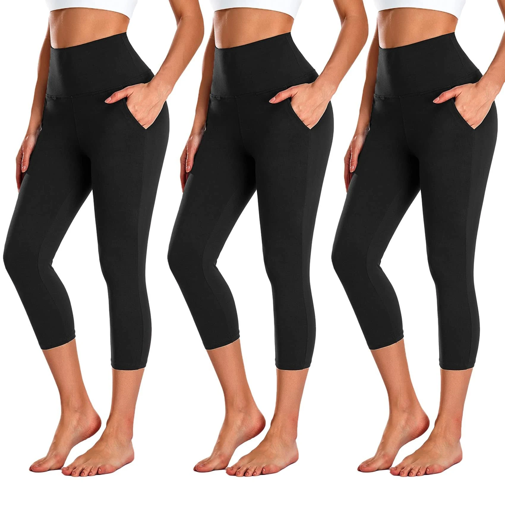 New Young 3 Pack Capri Leggings for Women with Pockets-High Waisted Tummy Control Workout Gym Yoga Pants