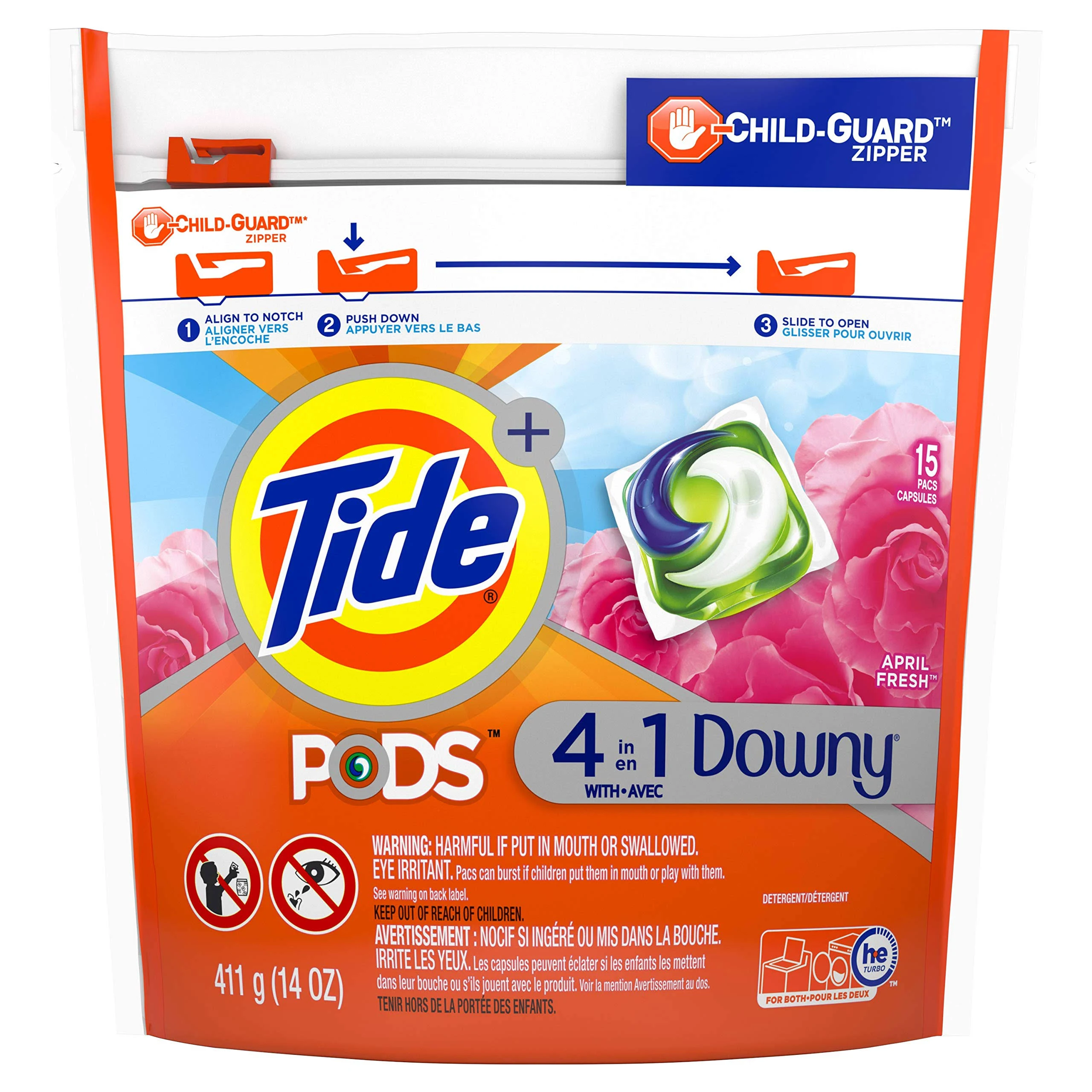 Tide Downy Detergent, 4 in 1, Pods, April Fresh, Pacs - 15 pacs, 411 g