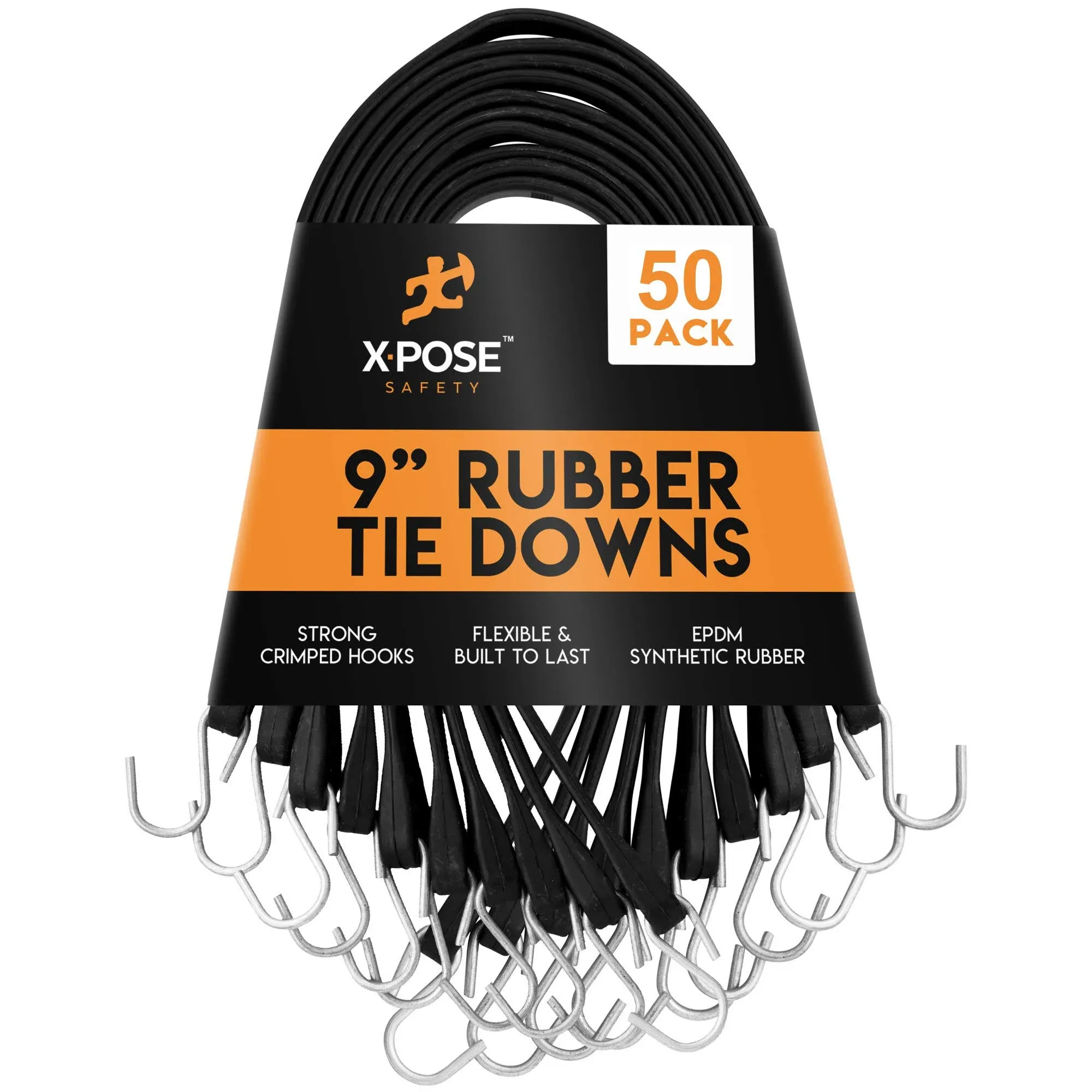 Xpose Safety 9&quot; Black Heavy-Duty EPDM Rubber Tie Down Bungee Cords with Hooks TSEP-9-10 - 10/Pack