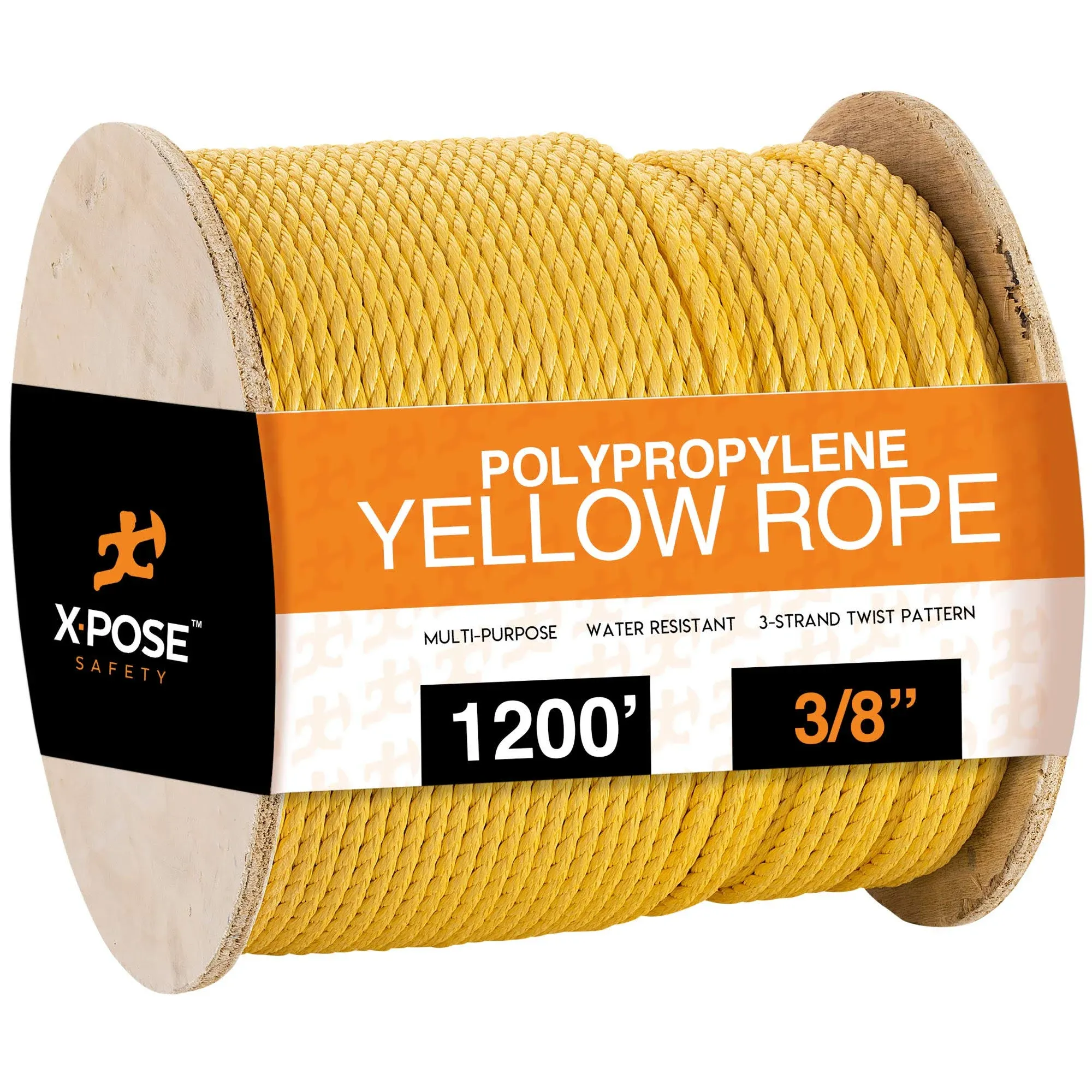 Yellow Twisted Polypropylene Rope - 3/8" Floating Poly Pro Cord 1200 Ft - Resistant to Oil, Moisture, Marine Growth and Chemicals - Reduced Slip, Easy Knot, Flexible - by Xpose Safety