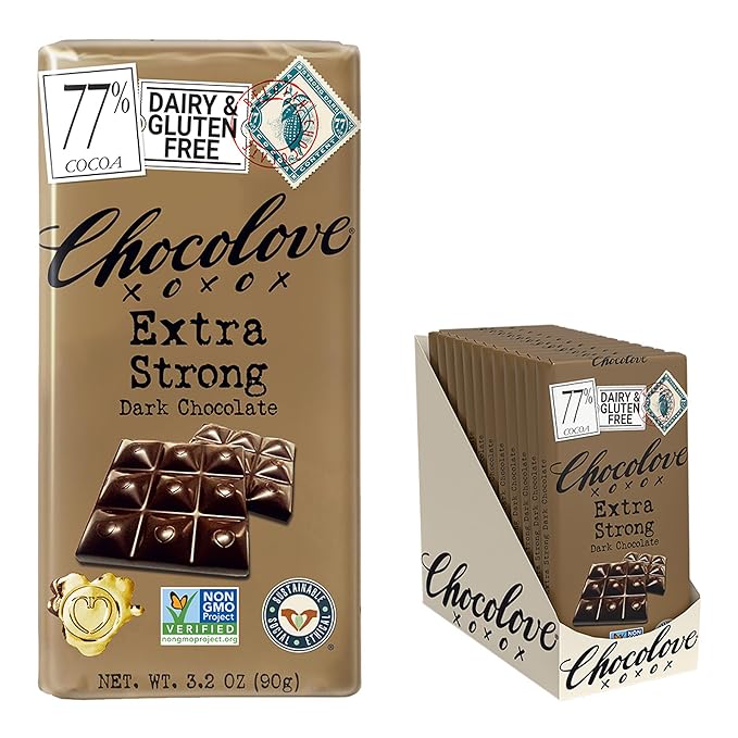 Chocolove Xoxox Premium Chocolate Bar Dark Chocolate Extra Strong 3.2 oz Bars Pack of 12