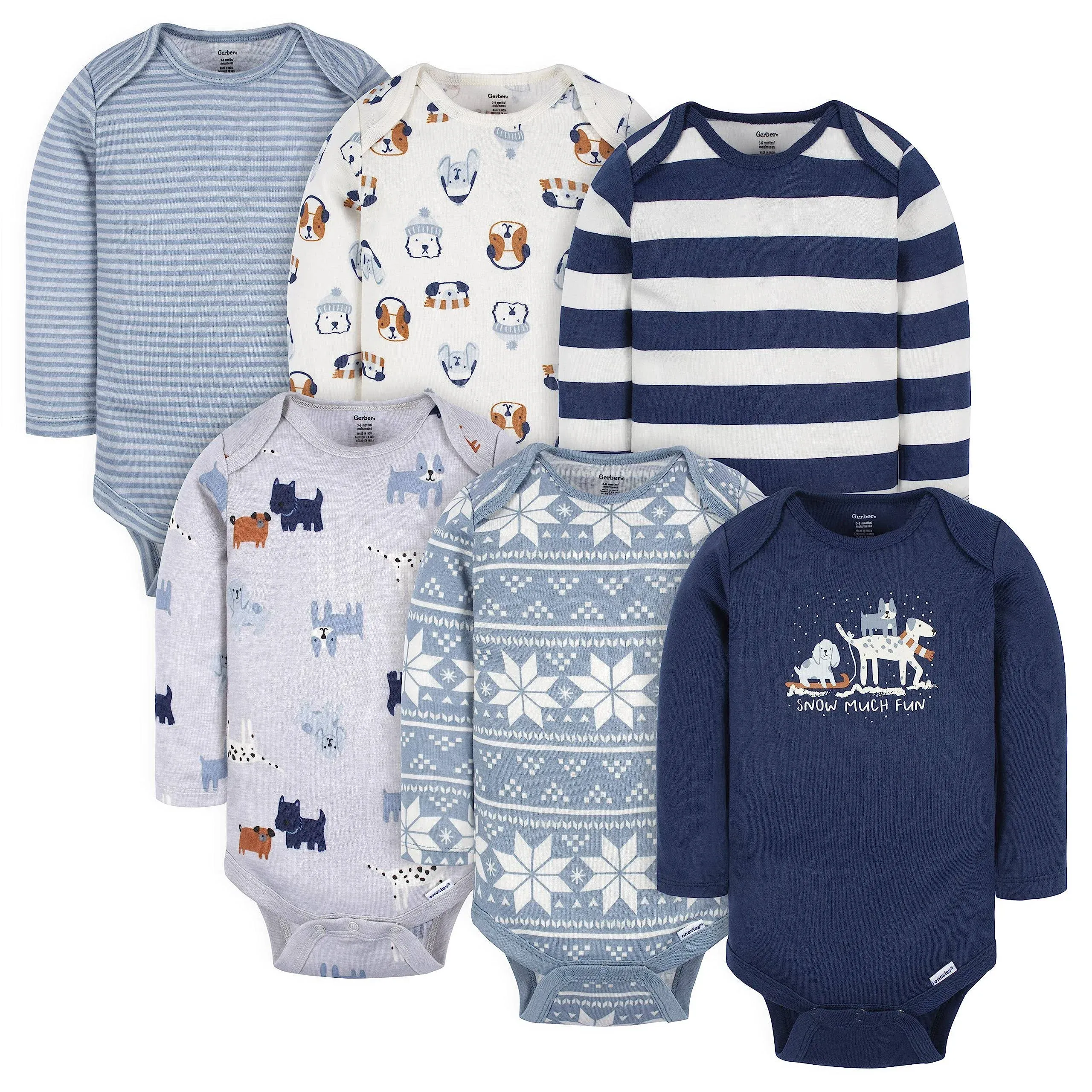 Gerber Baby Boys Long Sleeve Onesies Bodysuits, 6-Pack - Snow Much Fun