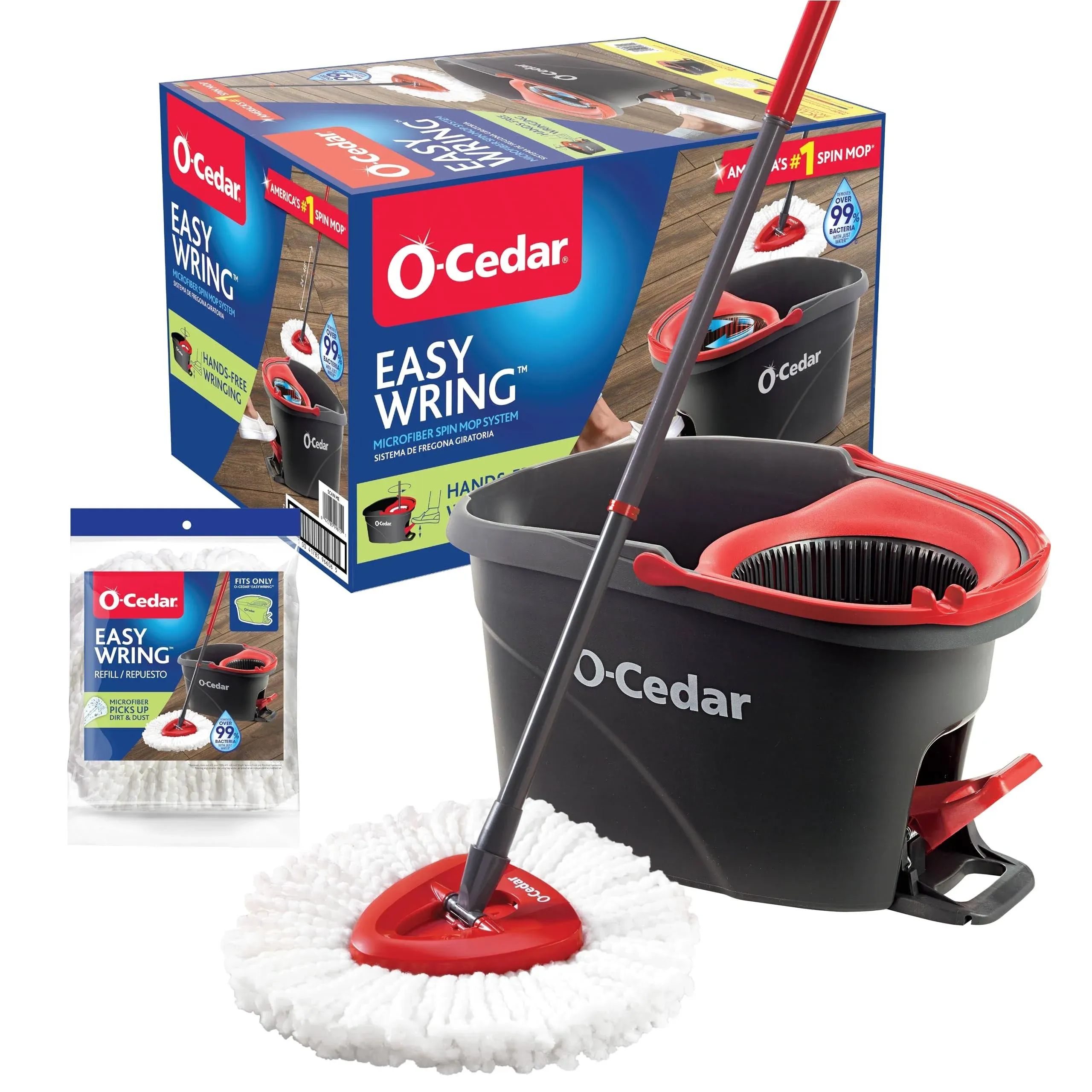 O-Cedar EasyWring Microfiber Spin Mop & Bucket System, Red/Gray