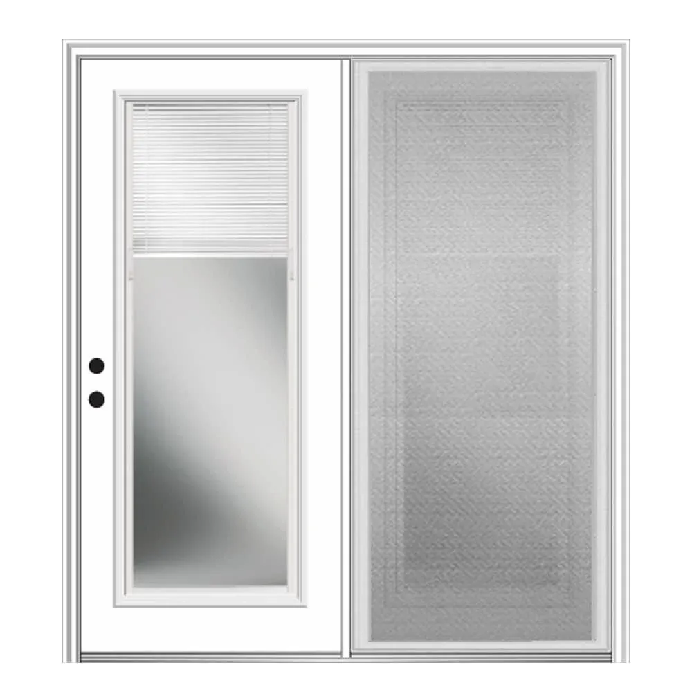 MMI DOOR Internal Mini Blinds 72-in x 80-in x 4-9/16-in Jamb Dual-pane Blinds Between The Glass Primed Fiberglass Center-hinged Left-Hand Inswing Double Patio Door Brickmould and Screen Included