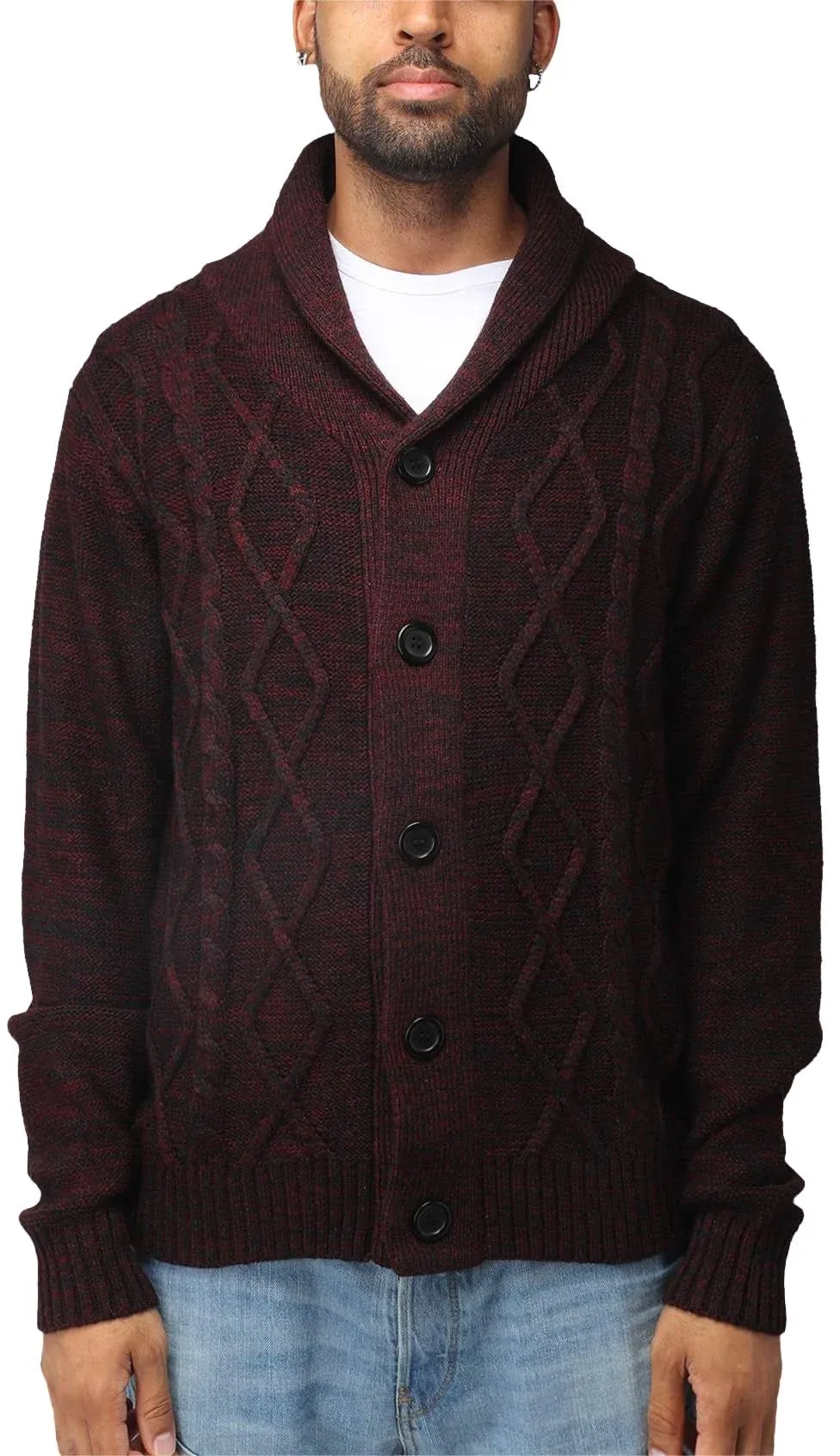 X-Ray Men's Shawl Collar Cable Knit Cardigan - Burgundy