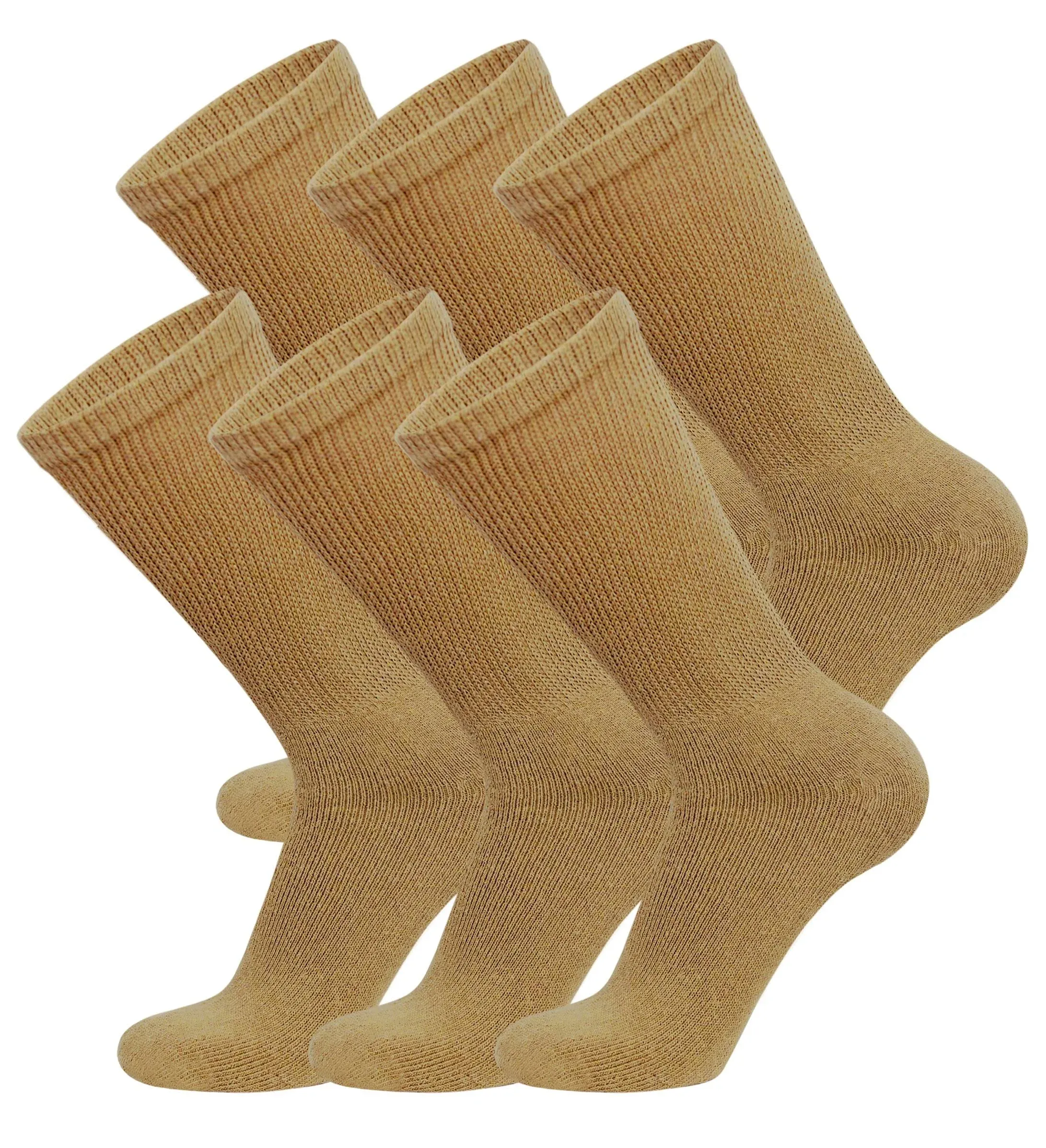 Brooklyn Socks 6 Pairs of Cotton Diabetic Non-Binding Neuropathy Crew Socks (Khaki Fits Mens Shoe Size 12-14.5)