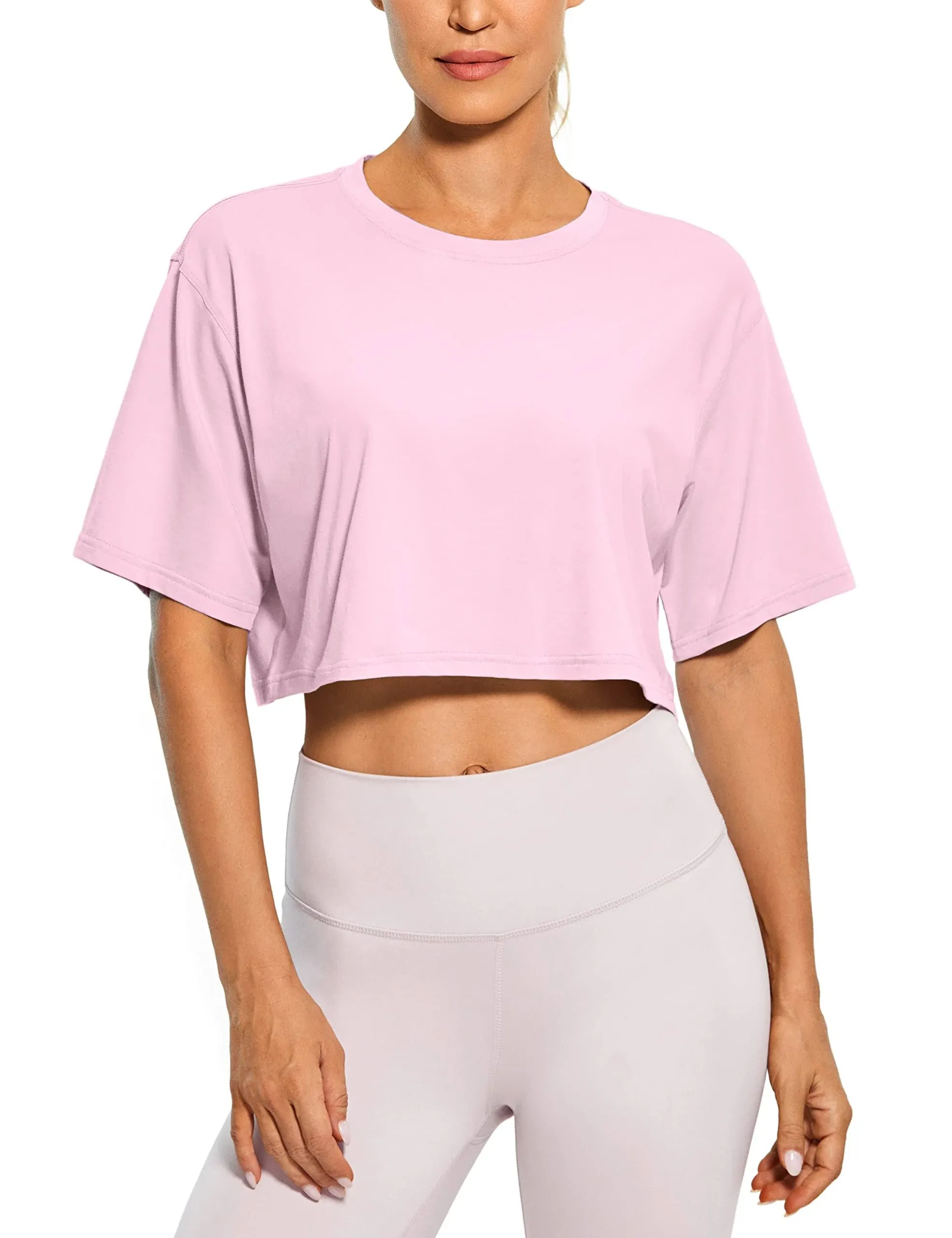 CRZ Yoga Women's Casual Loose Fit Pima Cotton Short Sleeves Cropped Pink Peony / M