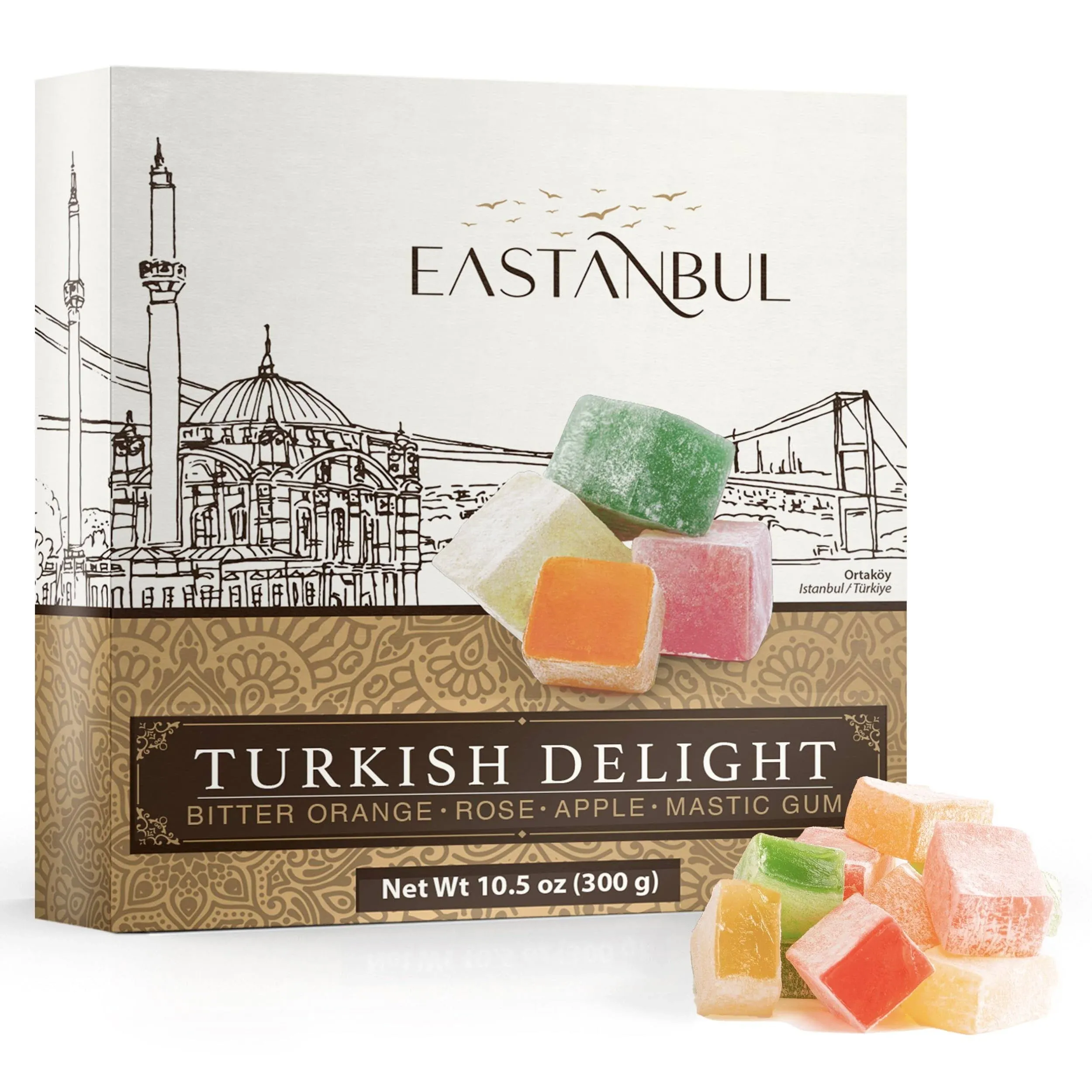 Eastanbul Turkish Delight Candy 10.5oz, 4 Mediterranean Flavors, Turkish Delights Assorted, Lokum Turkish Delight Rose, Bitter Orange, Apple, Mastic Gum, Turkish Delights, Mother's Day Gift