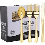 200 Count Heavy Duty Gold Plastic Silverware, 100 Forks, 50 Spoons, 50 Knives, B