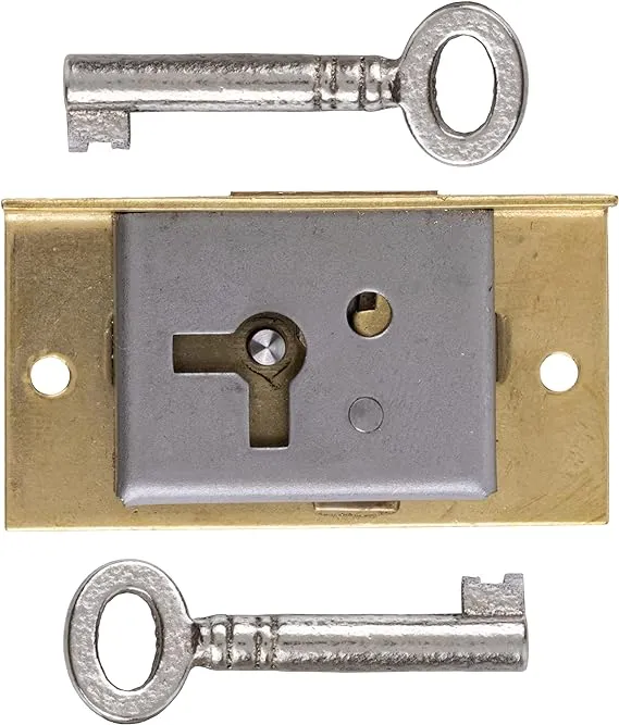 Small Right Hand Cabinet Door or Drawer Brass Plated Half Mortise Lock with Two Skeleton Keys