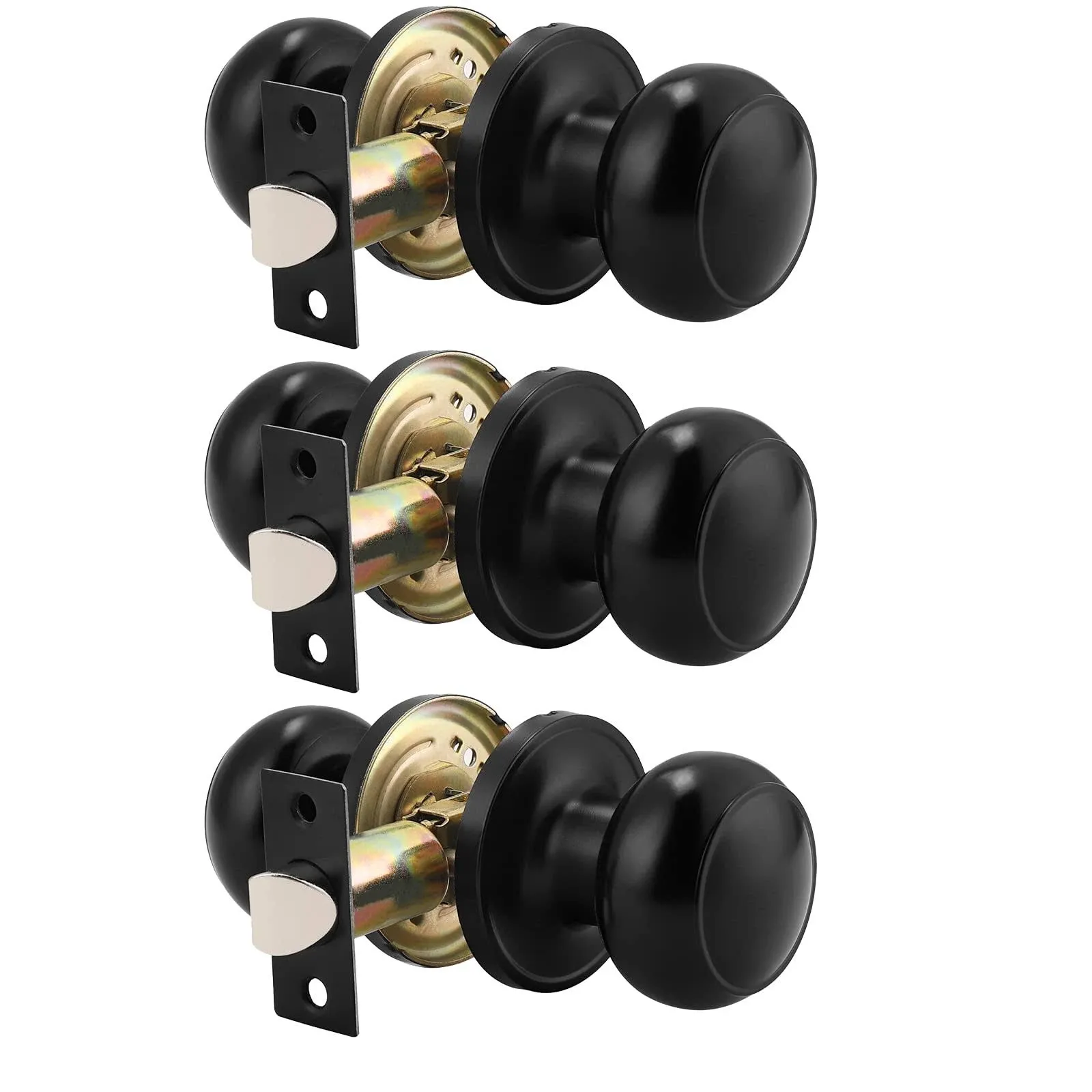 Probrico (3 Pack Round Passage Door Knob(Non-Locking Knobs), Keyless Doorknobs Interior/Exterior Door Lockset,Passage Knobs for Hallway/Closet,Black Finish Modern Design Door Hardware