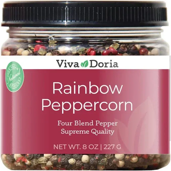 Viva Doria Rainbow Blend Peppercorn, Steam Sterilized Whole Black Pepper, Whole Green Pepper, Whole Pink Pepper, Whole White Pepper, 8 oz, for Grinde