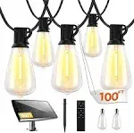 Bdrofn 100ft Solar String Lights Outdoor Waterproof, Solar Patio Lights with Remote Control & 30+2 Dimmable ST38 Edison Bulbs Shatterproof,Solar