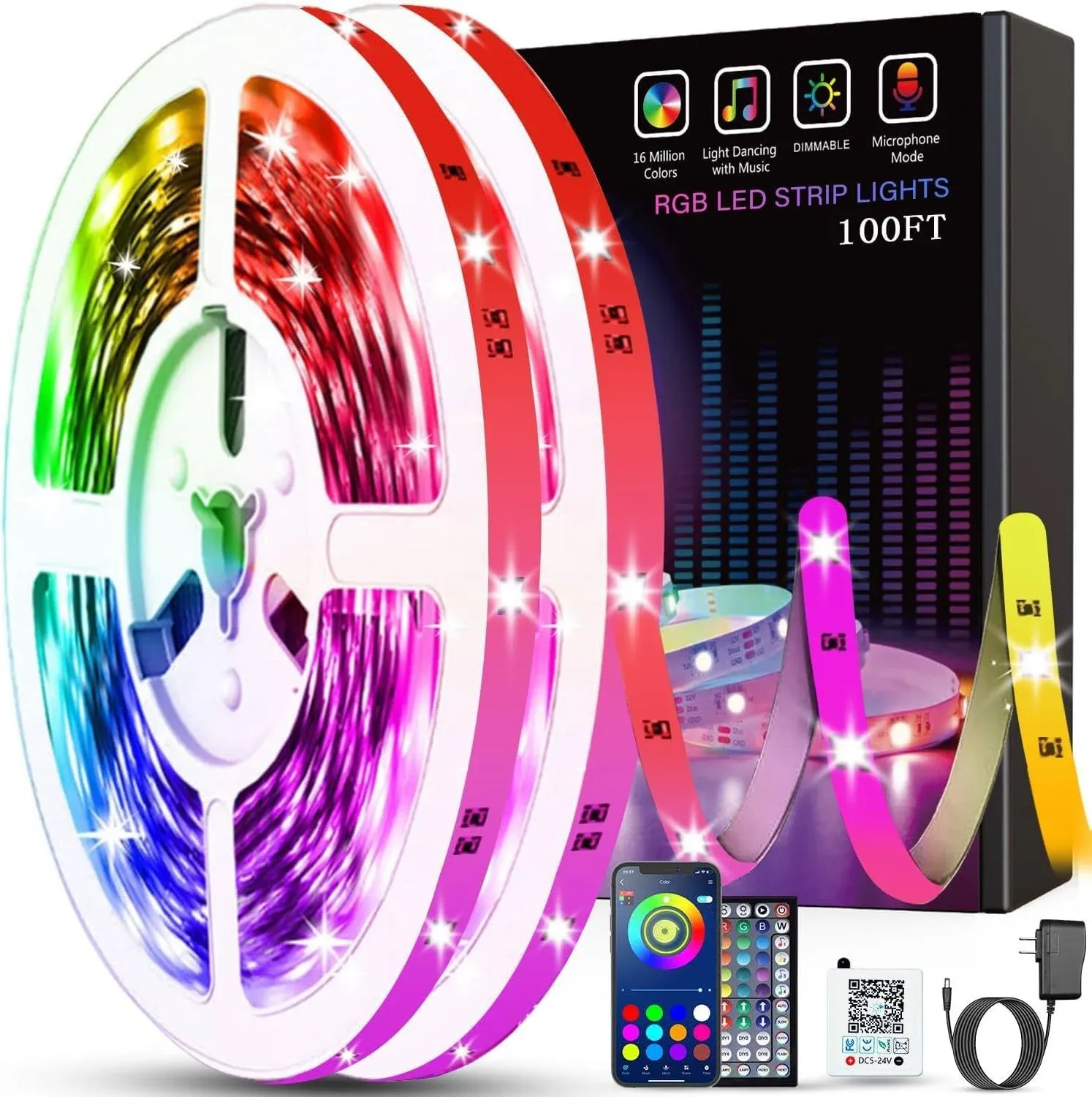 Tenmiro Led Lights for Bedroom 100ft (2 Rolls of 50ft) Music Sync Color Changing Strip Lights with Remote and App Control RGB Strip, for Room Home Party Decoration