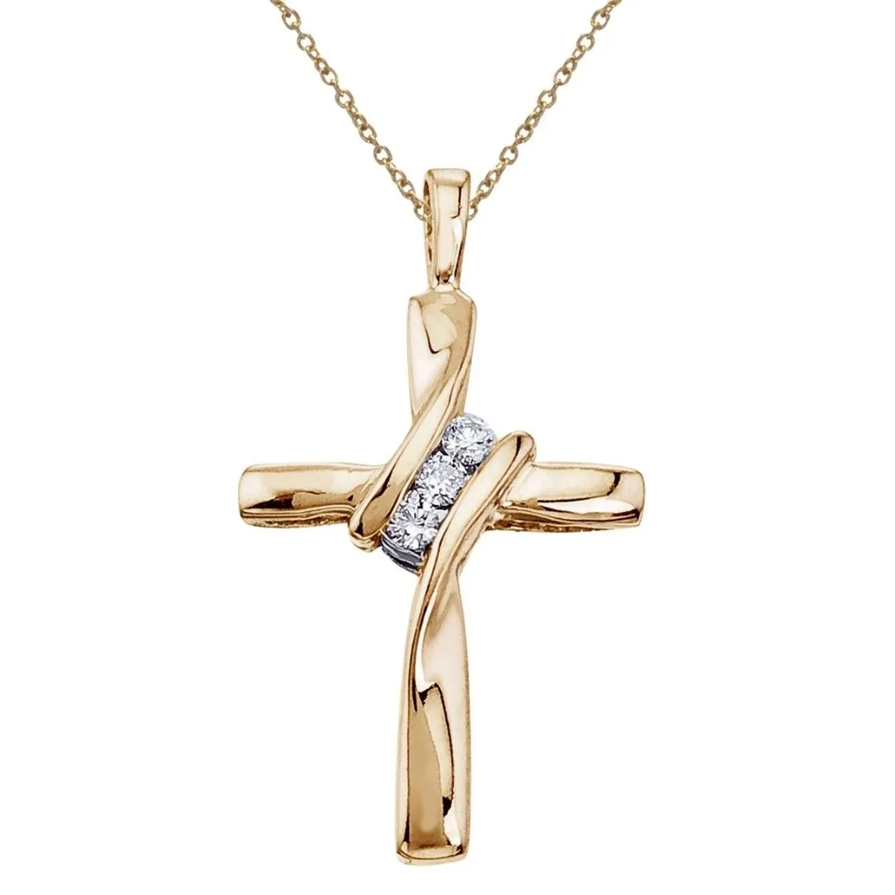 Three Stone Real Diamond Cross Pendant 10K Yellow Gold Necklace